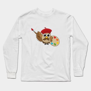 Cute Painter Owl Cartoon Long Sleeve T-Shirt